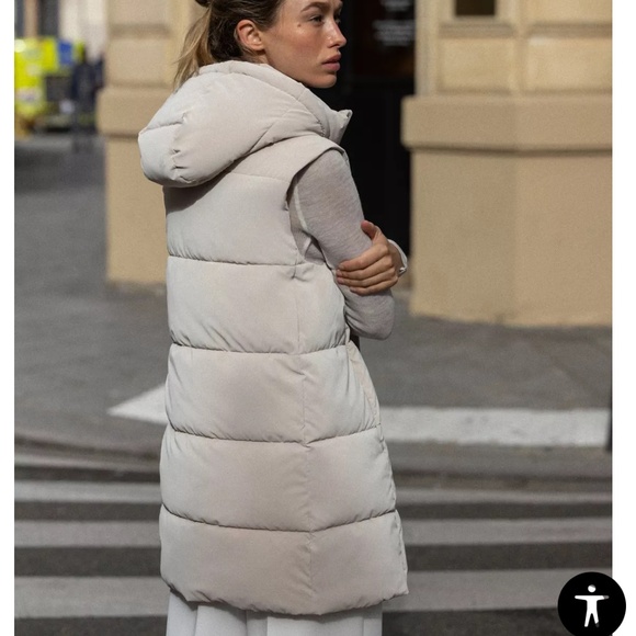 ZARA LONG PADDED HOODED PUFFER DOWN WINTER ZIP FLEECE LINING VEST GILET - Picture 6 of 9